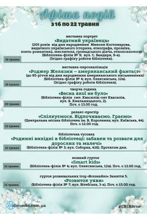 План заходів з 16 по 22 травня 2022 року ЦБС м. Рівне