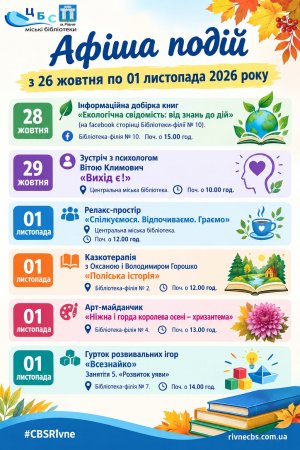 План заходів з 26 жовтня по 01 листопада 2026 року ЦБС м. Рівне