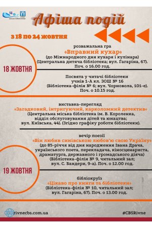 План заходів з 18 по 24 жовтня 2021 року ЦБС м. Рівне