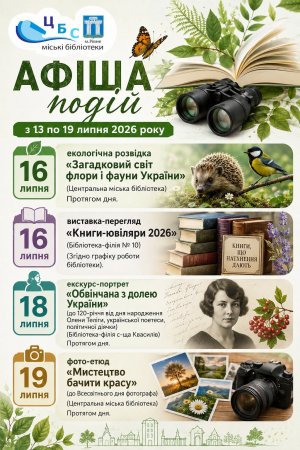 План заходів з 13 по 19 липня 2026 року ЦБС м. Рівне 