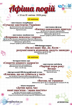 План заходів з 13 по 19 квітня 2026 року ЦБС м. Рівне 