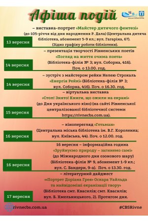 План заходів з 13 по 19 вересня 2021 року ЦБС м. Рівне