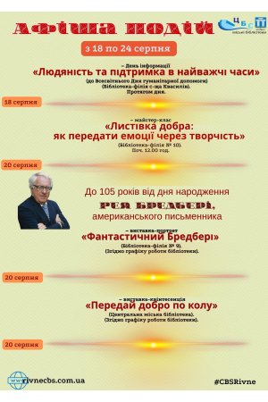 План заходів з 17 по 24 серпня 2025 року ЦБС м. Рівне