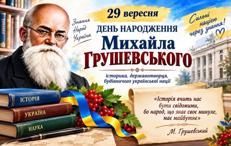 Виставка-екскурс «Михайло Грушевський – творець української історії» (До 160-річчя від дня народження Михайла Грушевського українського історика, громадського, політичного діяча, очільника Української Центральної Ради)
